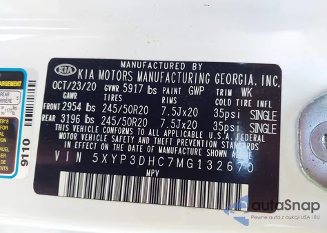 2021 Kia Telluride Ex z USA, uszkodzony, nr VIN 5XYP3DHC7MG132670